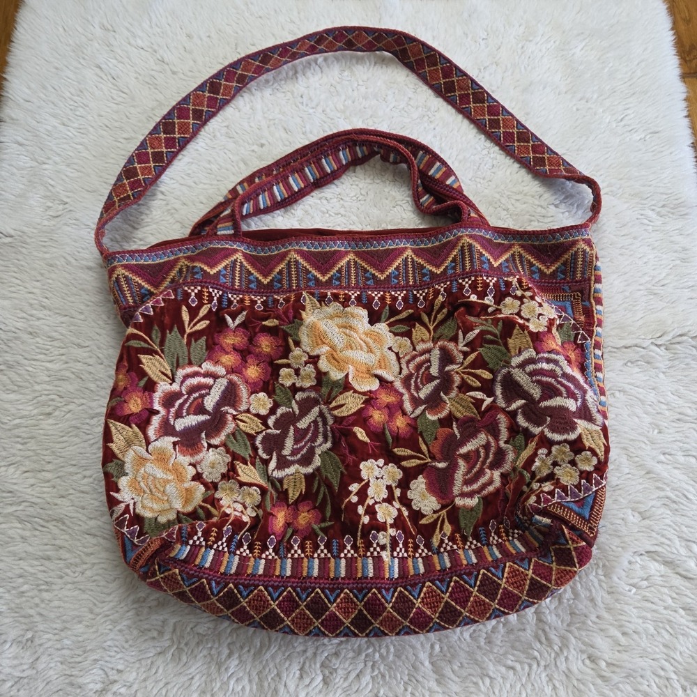 Johnny Was Othilia Embroidered Velvet Tote Bag Floral Handbag Purse Silk Rayon